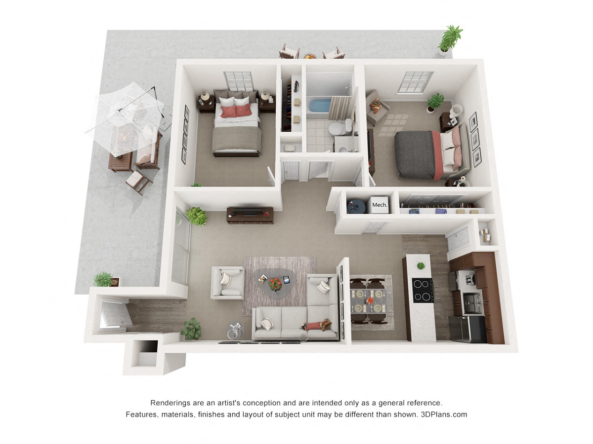 Floor plan for 2 beds, 1 bath, 887 sqft